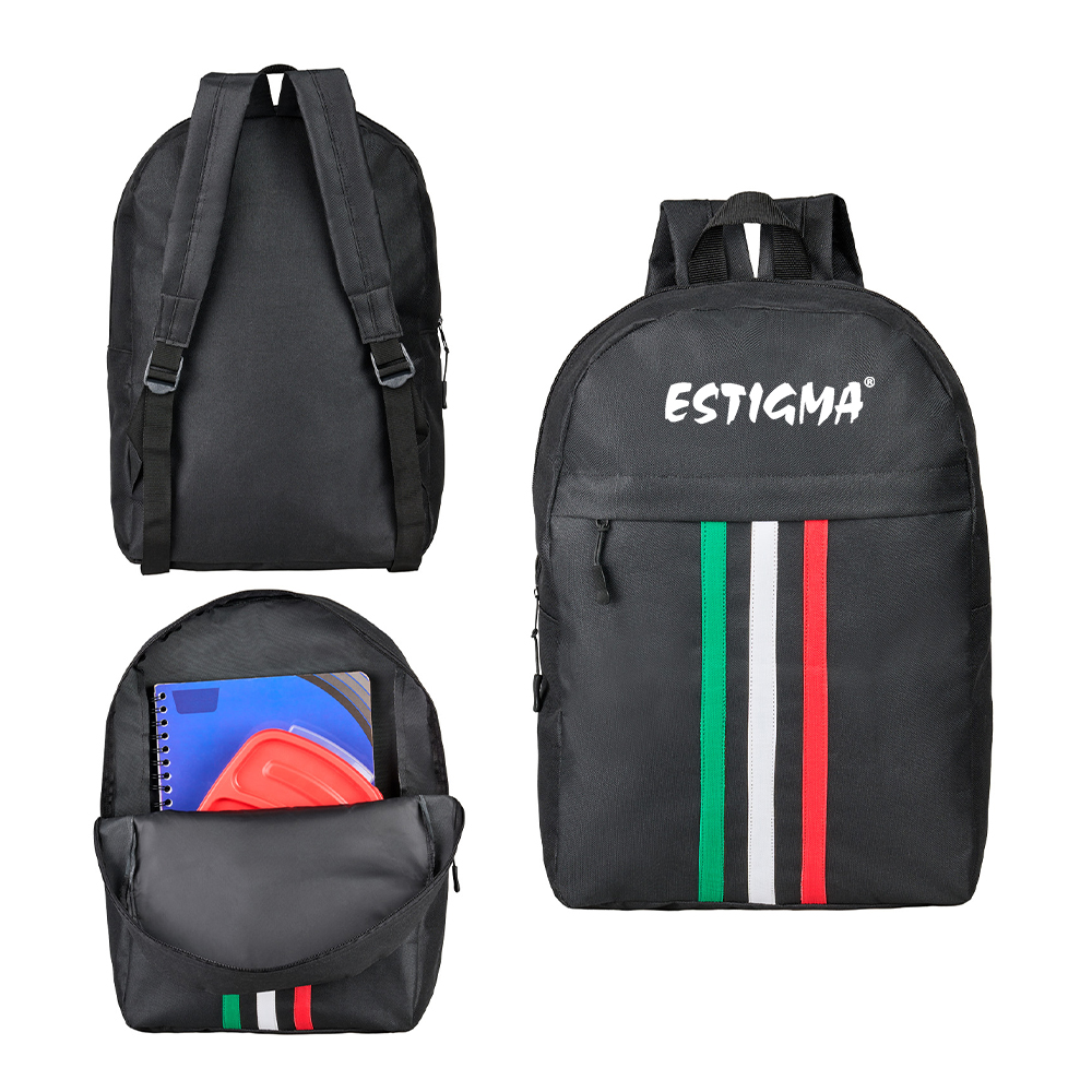 Mochila de poliéster con compartimento principal, un compartimento frontal con cierre, tirantes ajustables y asa superior.