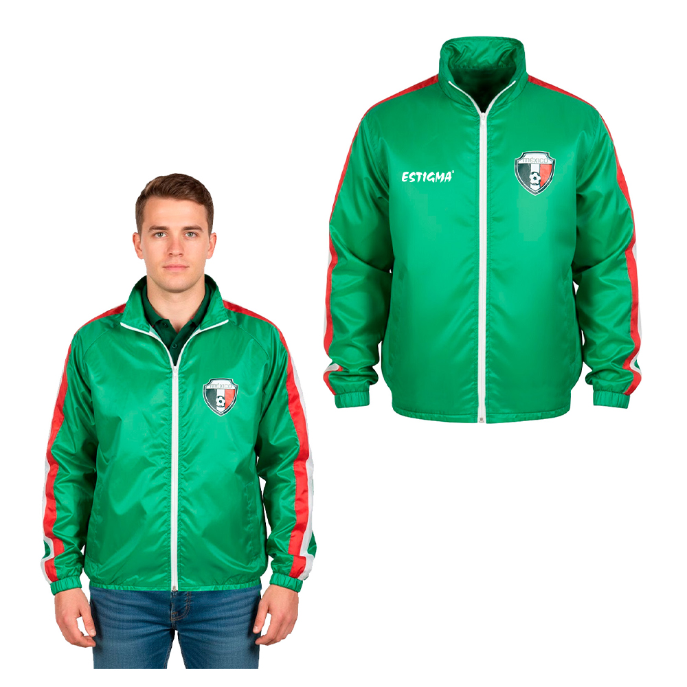 Rompevientos con logo impreso de México, bolsas laterales, resorte en las mangas y gorro plegable oculto en el cuello.